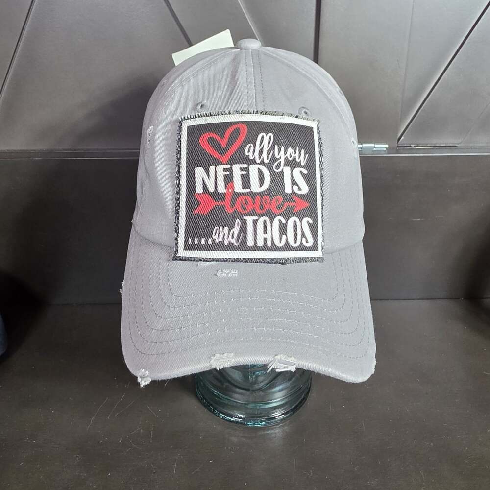 Pinky Bolle Baseball Cap All I Need Is Love And Tacos Hat Gray New Distressed